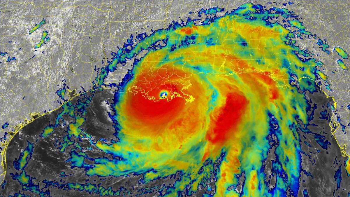 Infrared satellite image of Hurricane Ida after making landfall near Port Fourchon, Louisiana. (Source: NOAA)